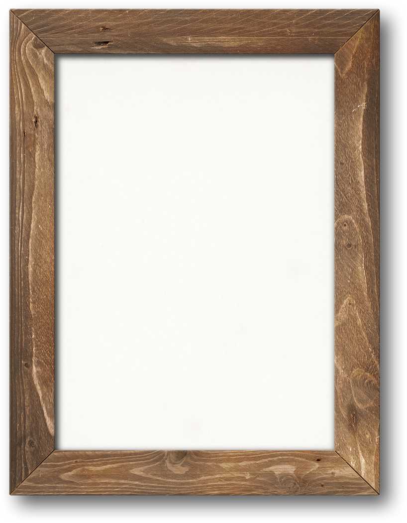 Old rustic wooden picture frame hanging on a white wall